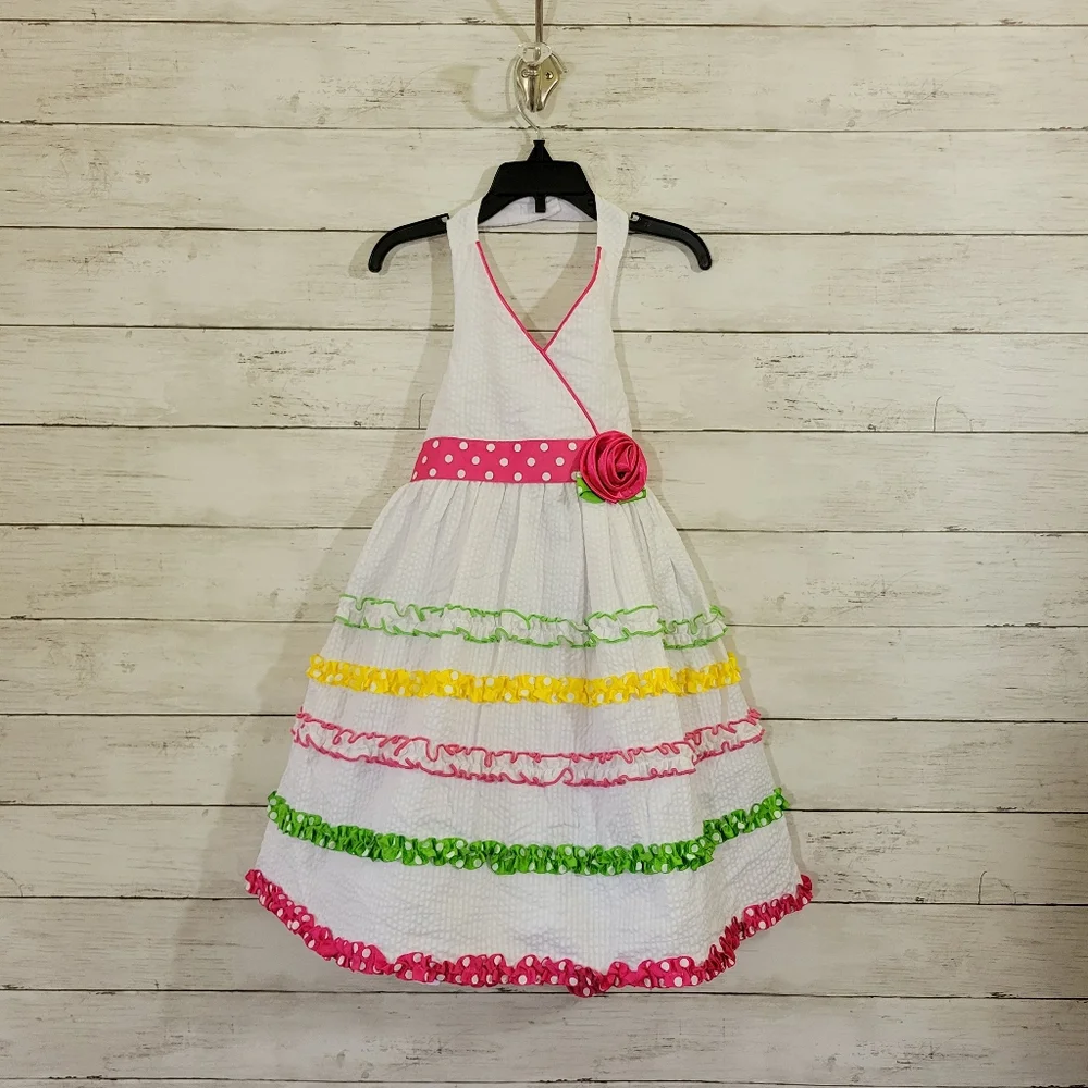 Girls Jessica Ann Seersucker Halter Top Petticoat Sundress Tier Ruffles‎ Size 5